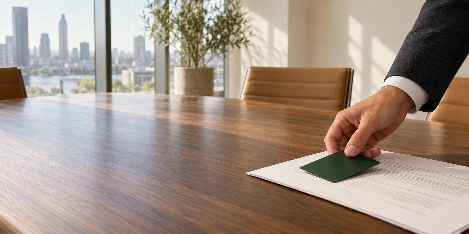A hand reaching across a polished wooden meeting table to place a dark green card on a printed document, in a bright office with a city skyline behind.