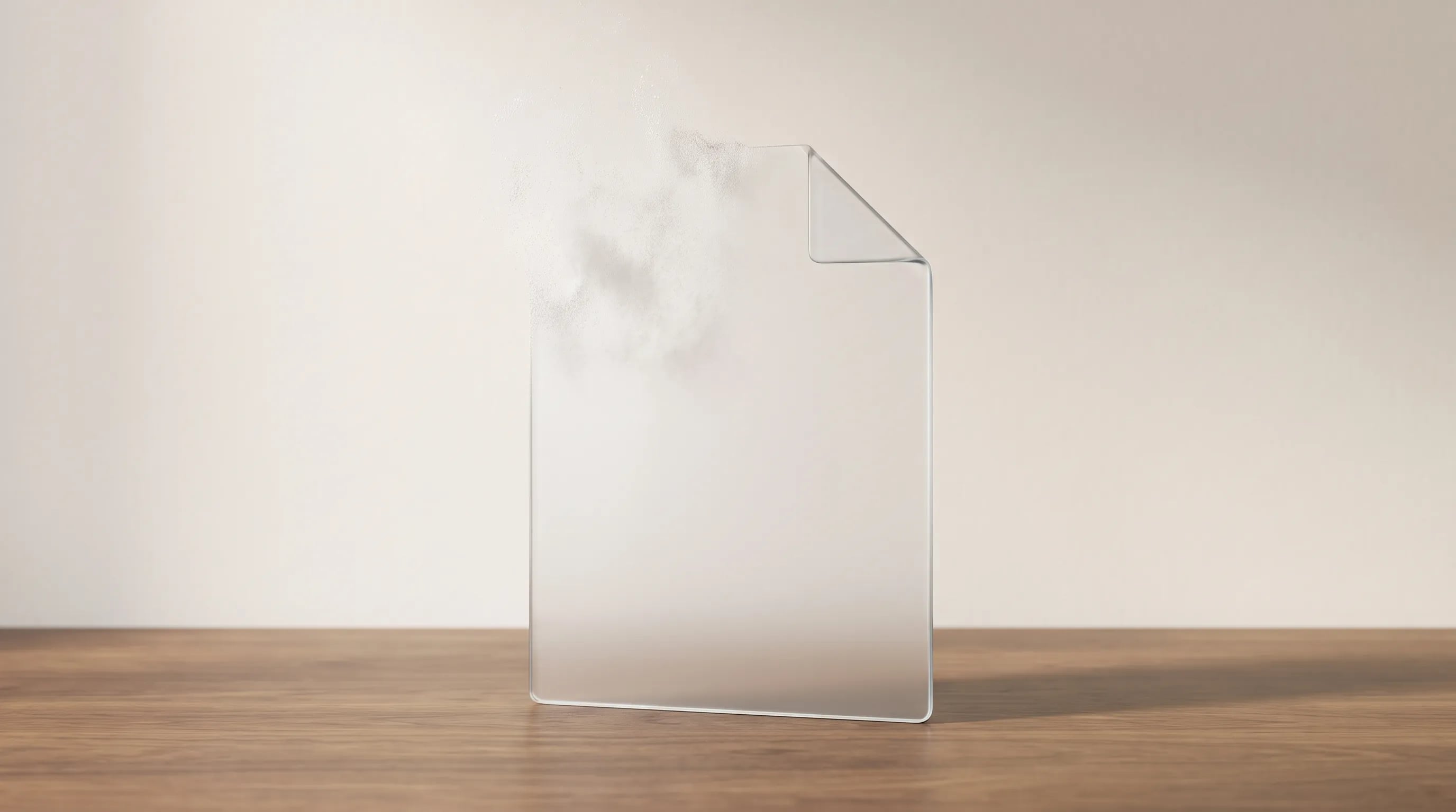 A frosted glass document page on a wooden table.